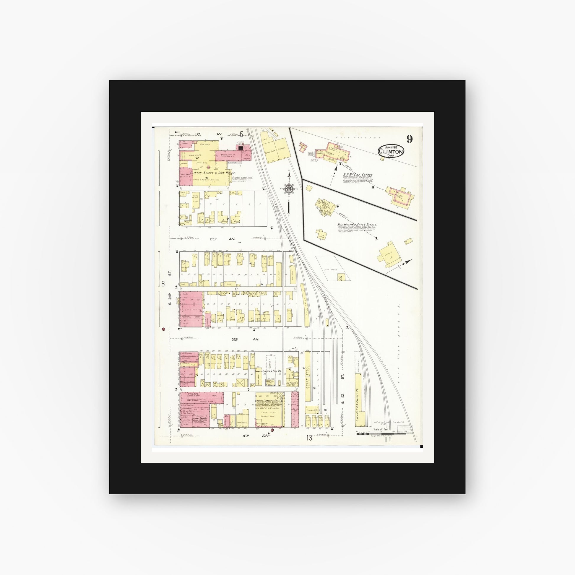 Old map wall art mockup — black gallery frame with white mat — Sanborn Fire Insurance Map from Clinton, Clinton County, Iowa (1917), Sheet #0009
