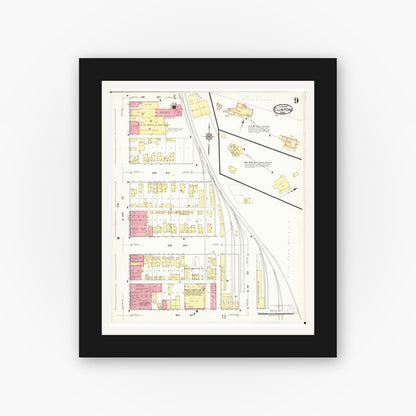 Old map wall art mockup — black gallery frame with white mat — Sanborn Fire Insurance Map from Clinton, Clinton County, Iowa (1917), Sheet #0009