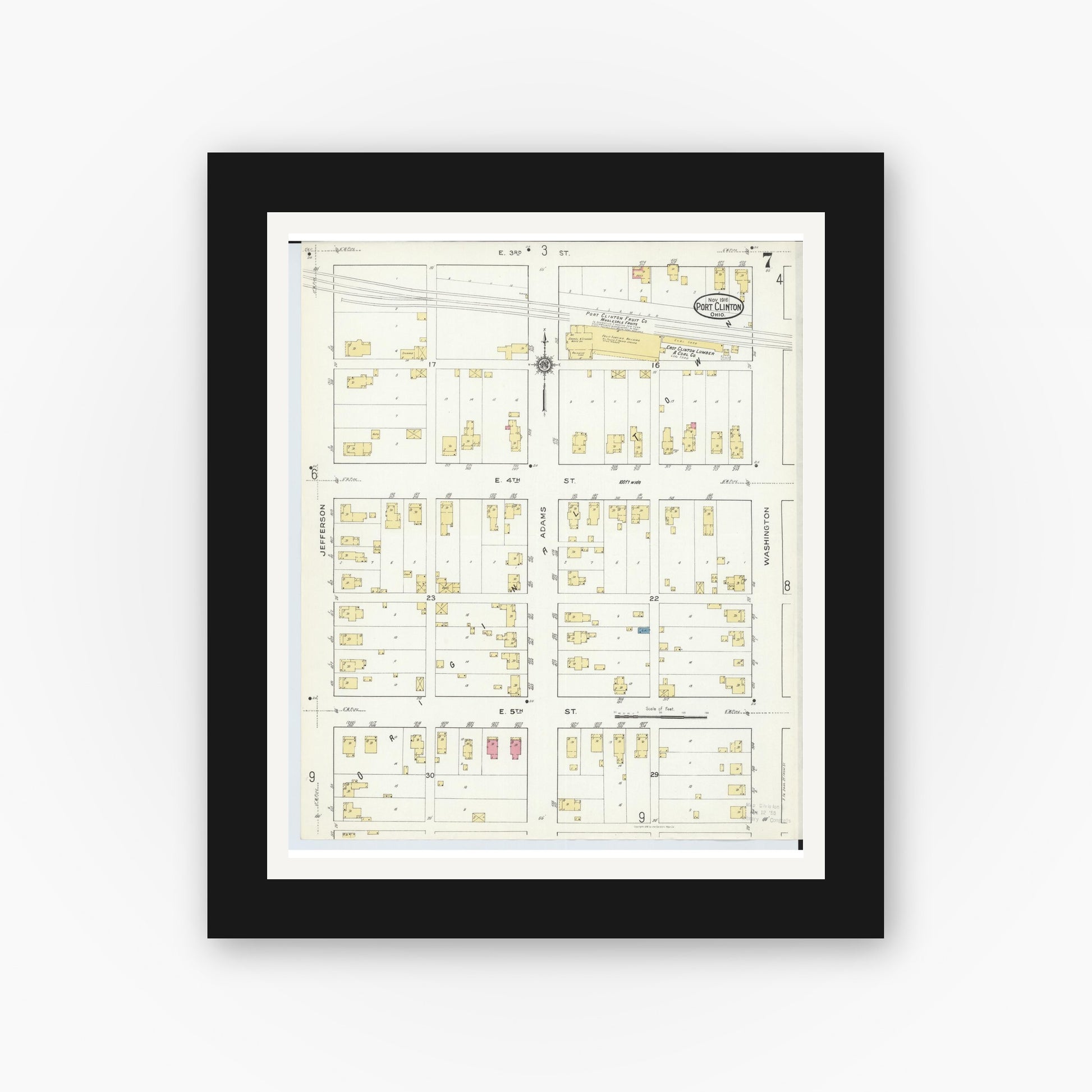Old map wall art mockup — black gallery frame with white mat — Sanborn Fire Insurance Map from Port Clinton, Ottawa County, Ohio (1916), Sheet #0007