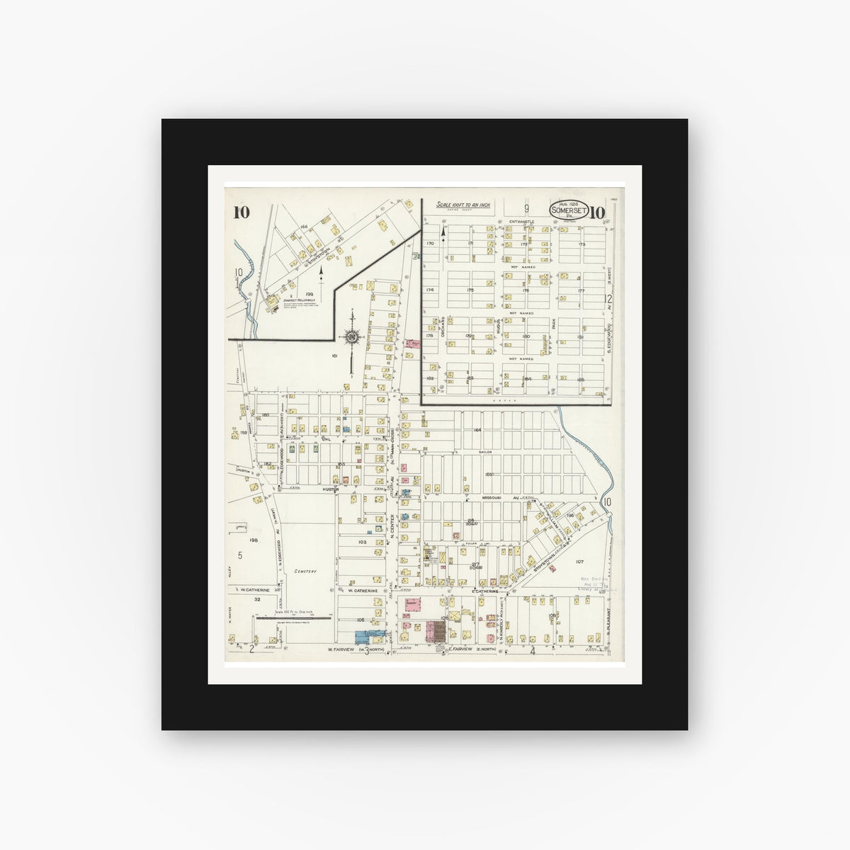 Old map wall art mockup — black gallery frame with white mat — Sanborn Fire Insurance Map from Somerset, Somerset County, Pennsylvania (1924), Sheet #0010