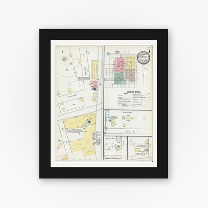 Old map wall art mockup — black gallery frame with white mat — Sanborn Fire Insurance Map from Honey Grove, Fannin County, Texas (1892), Sheet #0001