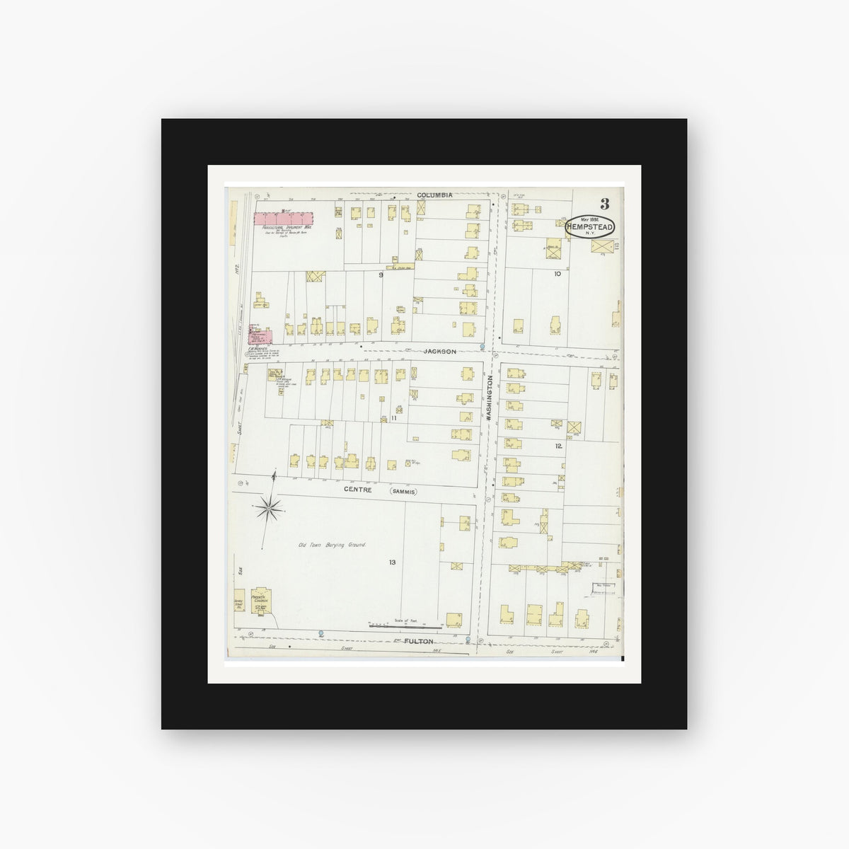Old map wall art mockup — black gallery frame with white mat — Sanborn Fire Insurance Map from Hempstead, Nassau County, New York (1892), Sheet #0003