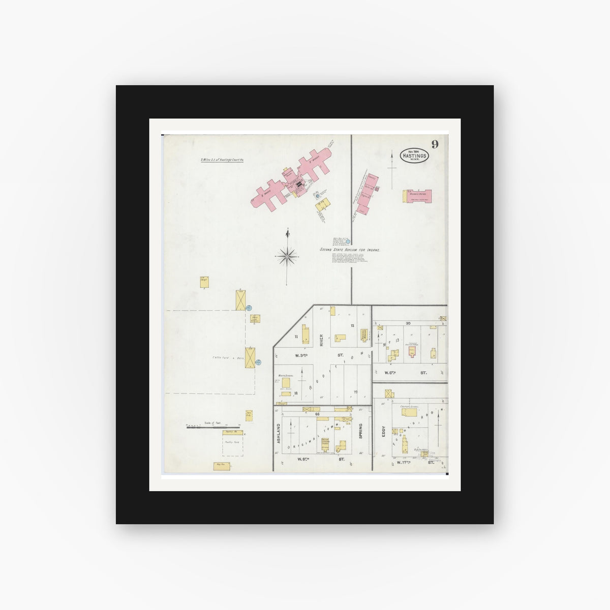 Old map wall art mockup — black gallery frame with white mat — Sanborn Fire Insurance Map from Hastings, Dakota County, Minnesota (1904), Sheet #0009