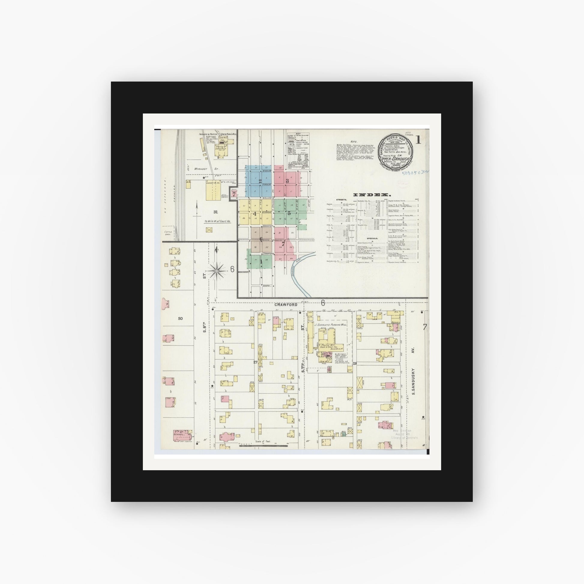 Old map wall art mockup — black gallery frame with white mat — Sanborn Fire Insurance Map from Upper Sandusky, Wyandot County, Ohio (1897) - Complete Map Set