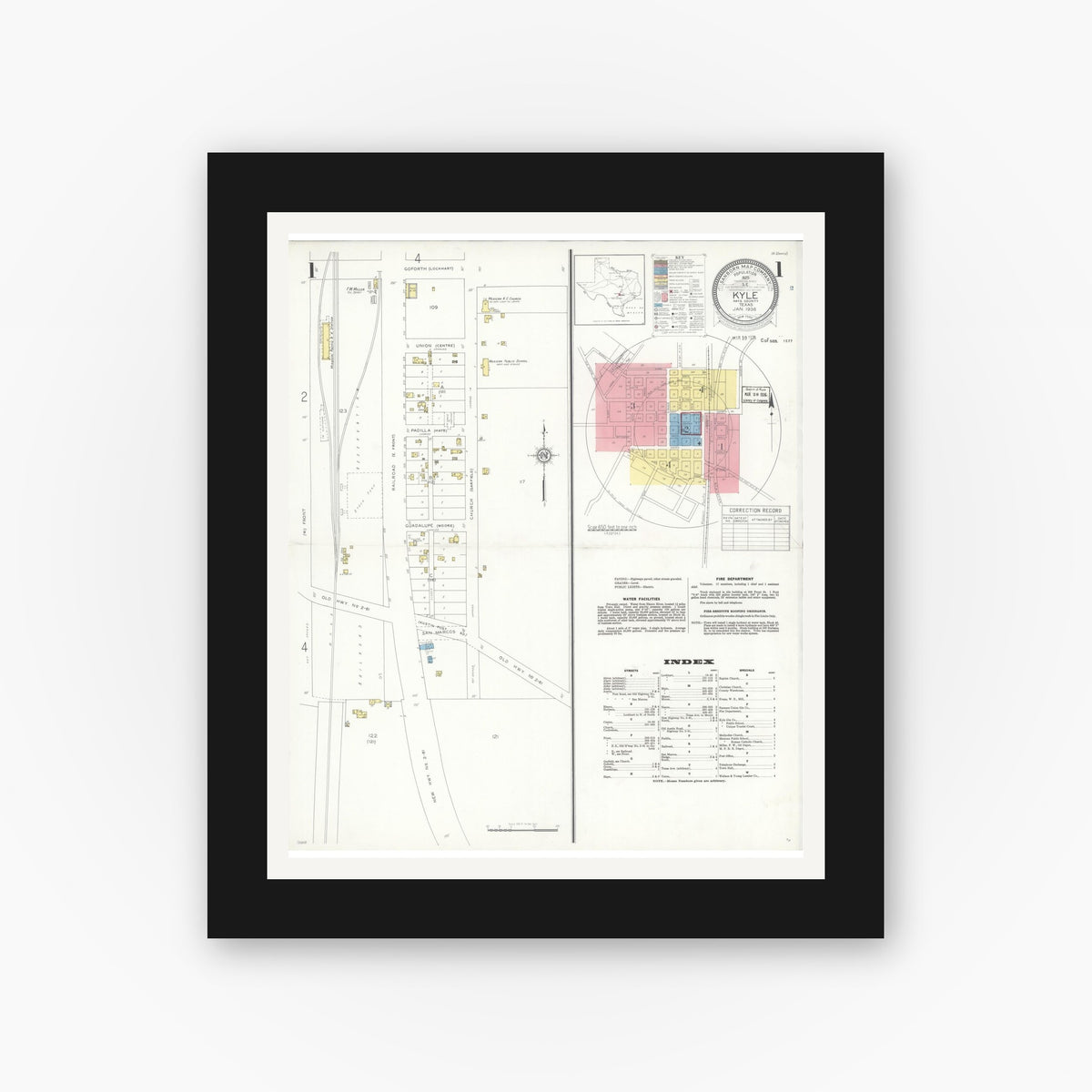Old map wall art mockup — black gallery frame with white mat — Sanborn Fire Insurance Map from Kyle, Hays County, Texas (1936) - Complete Map Set