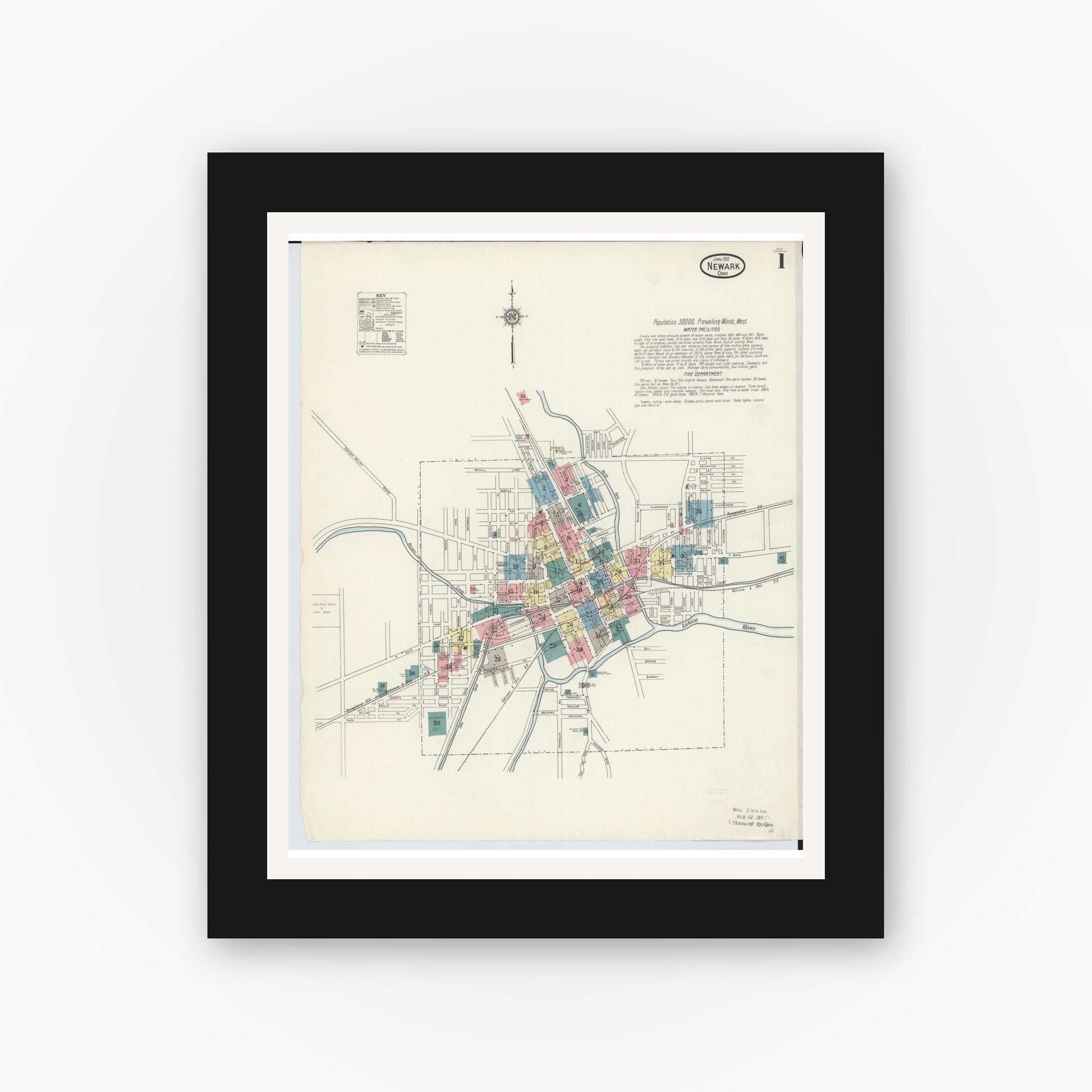 Old map wall art mockup — black gallery frame with white mat — Sanborn Fire Insurance Map from Newark, Licking County, Ohio (1912), Sheet #0001