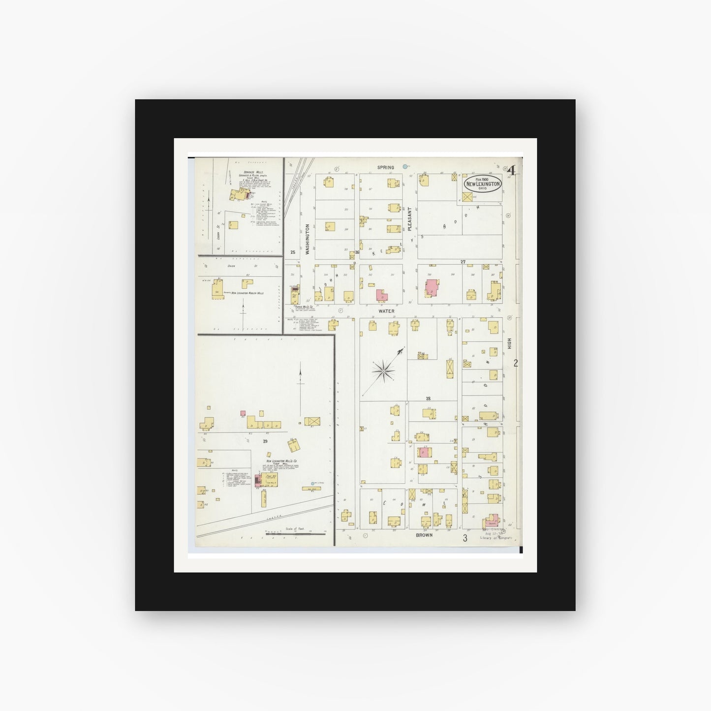 Old map wall art mockup — black gallery frame with white mat — Sanborn Fire Insurance Map from New Lexington, Perry County, Ohio (1900), Sheet #0004