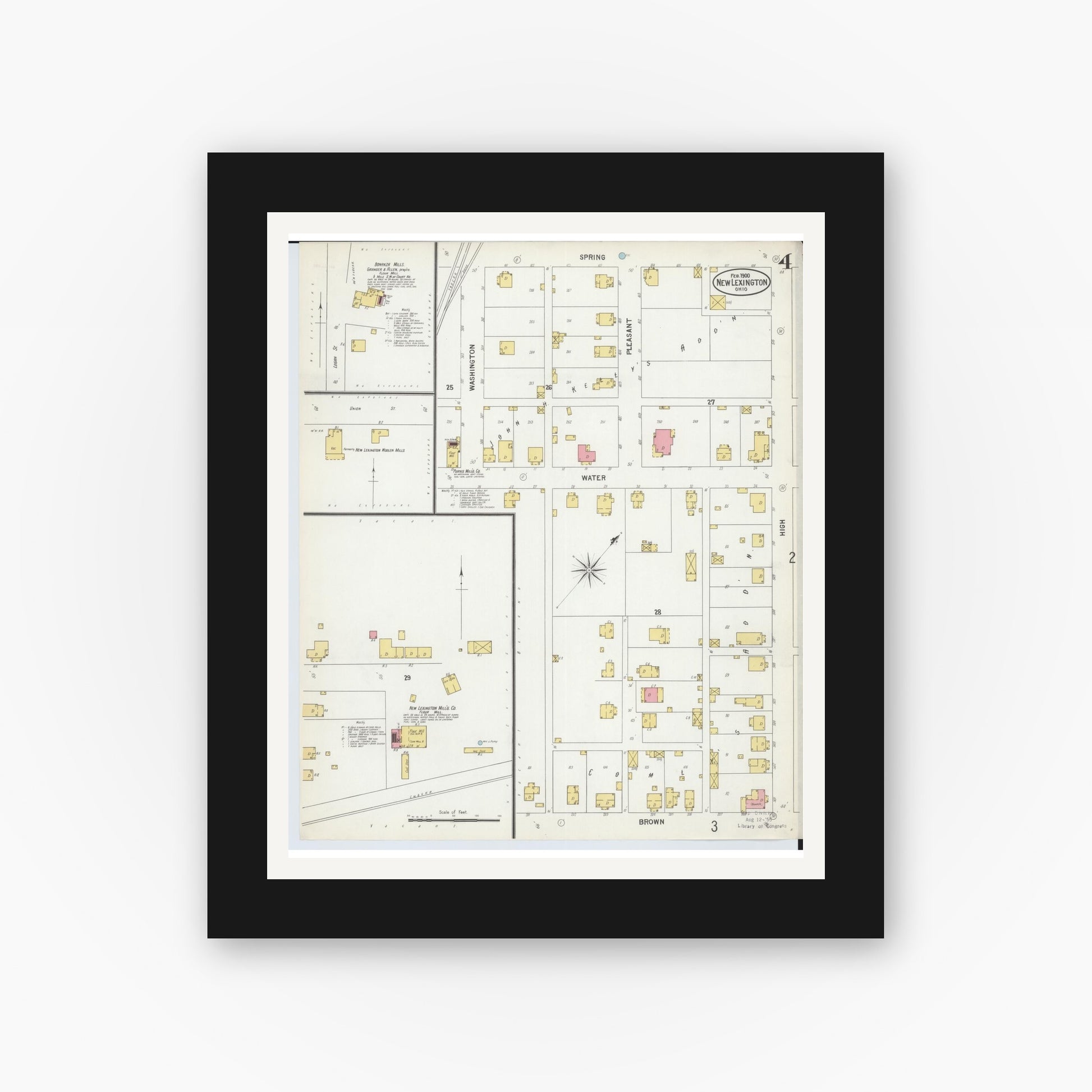 Old map wall art mockup — black gallery frame with white mat — Sanborn Fire Insurance Map from New Lexington, Perry County, Ohio (1900), Sheet #0004
