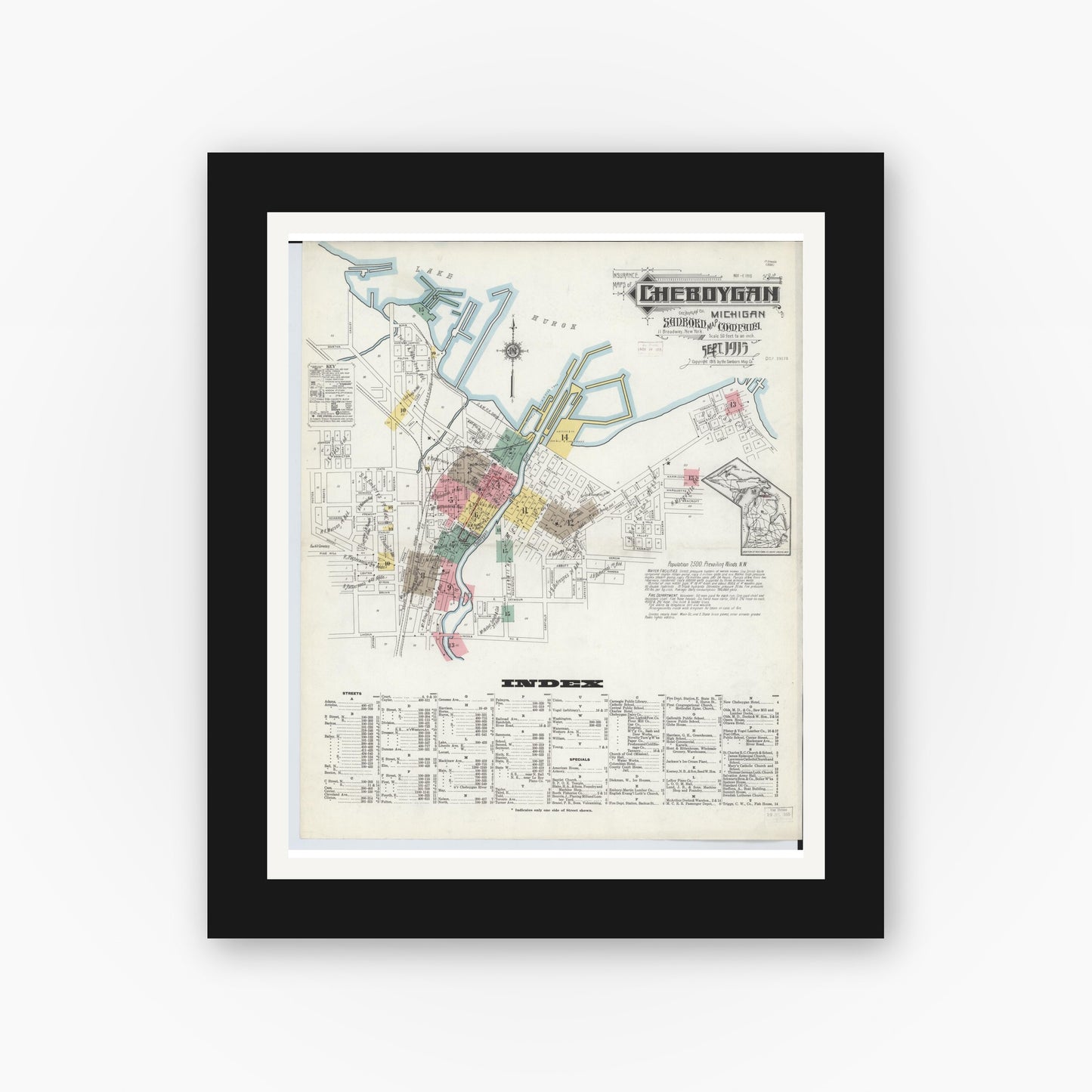 Old map wall art mockup — black gallery frame with white mat — Sanborn Fire Insurance Map from Cheboygan, Cheboygan County, Michigan (1915) - Complete Map Set