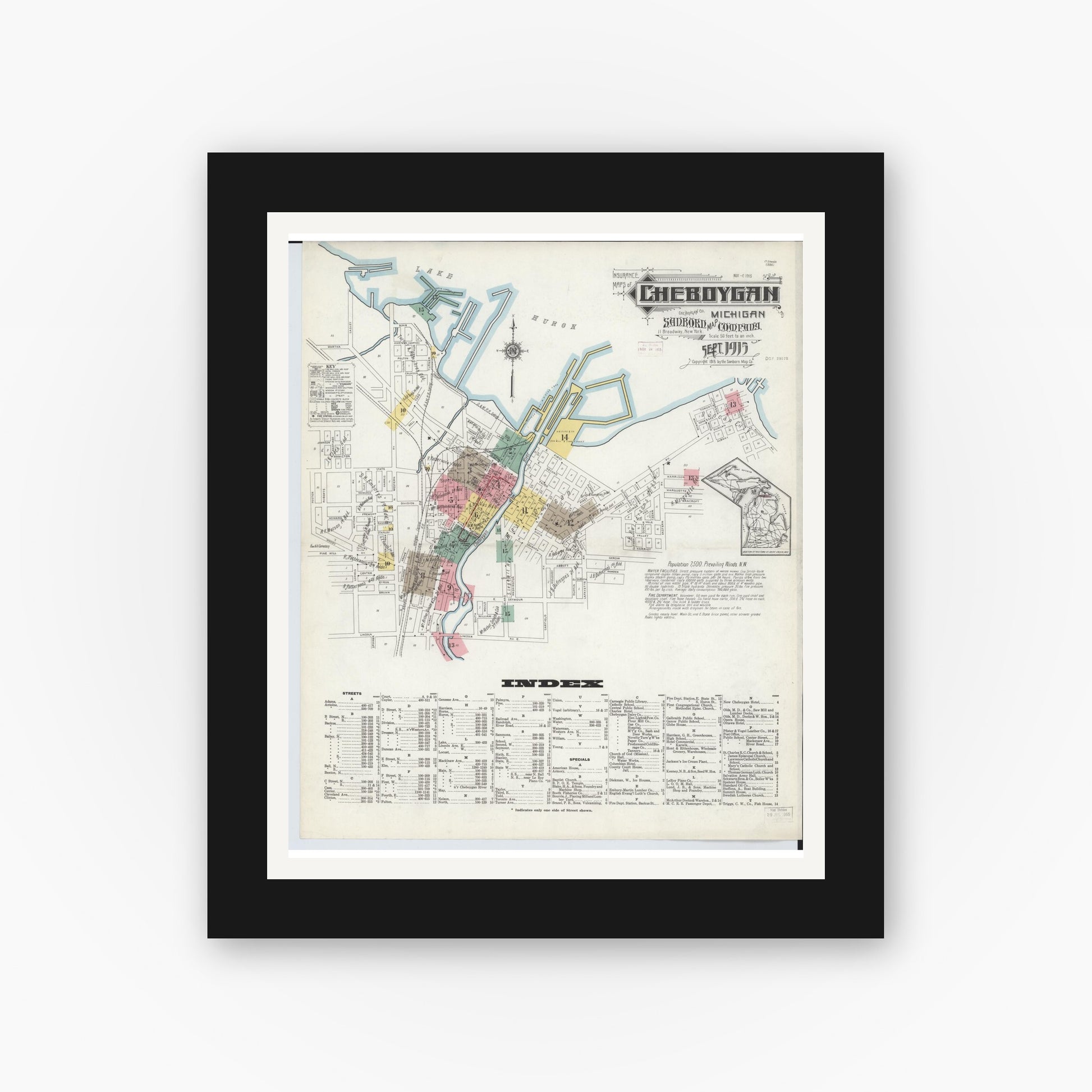 Old map wall art mockup — black gallery frame with white mat — Sanborn Fire Insurance Map from Cheboygan, Cheboygan County, Michigan (1915) - Complete Map Set