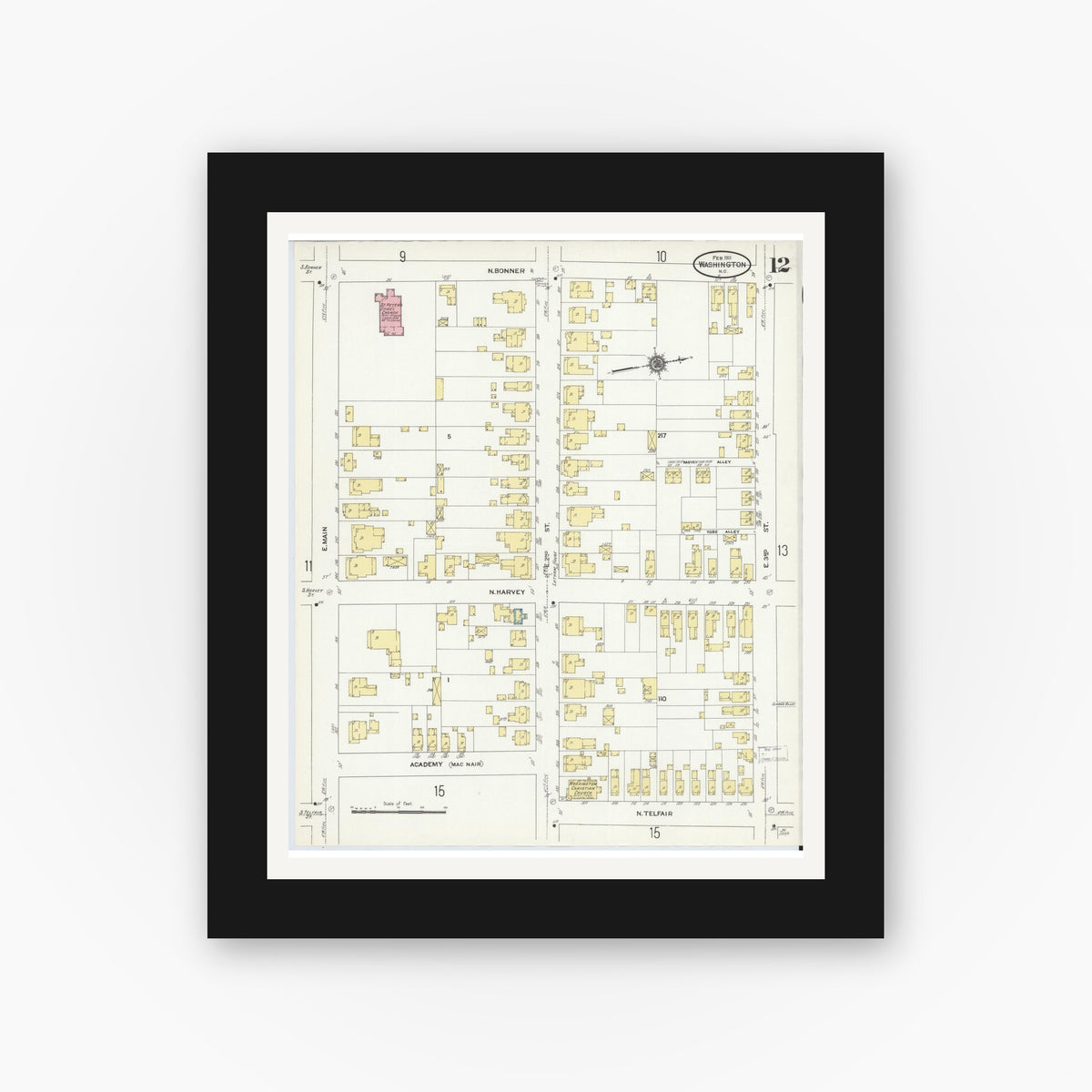 Old map wall art mockup — black gallery frame with white mat — Sanborn Fire Insurance Map from Washington, Beaufort County, North Carolina (1911), Sheet #0012