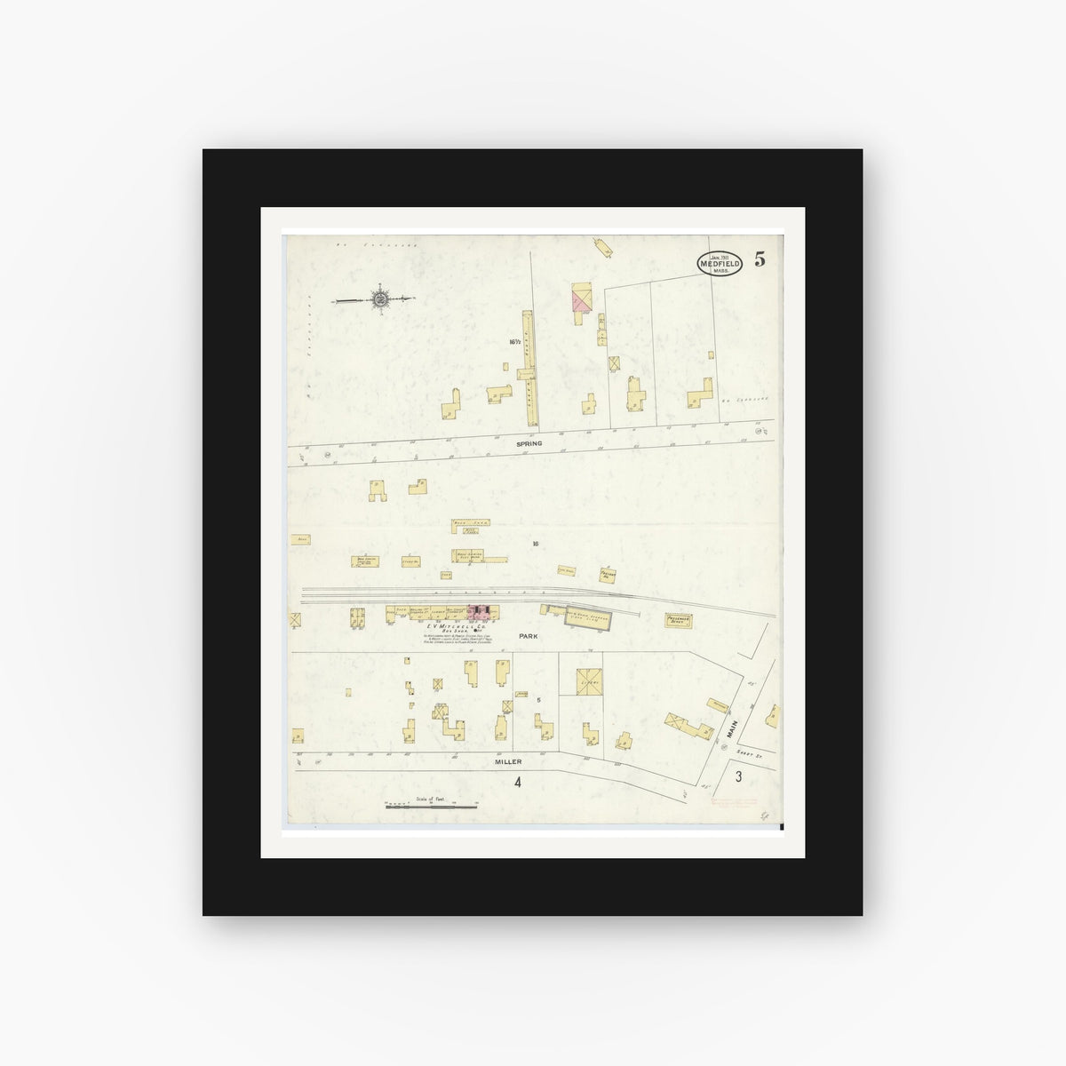 Old map wall art mockup — black gallery frame with white mat — Sanborn Fire Insurance Map from Medfield, Norfolk County, Massachusetts (1911), Sheet #0005