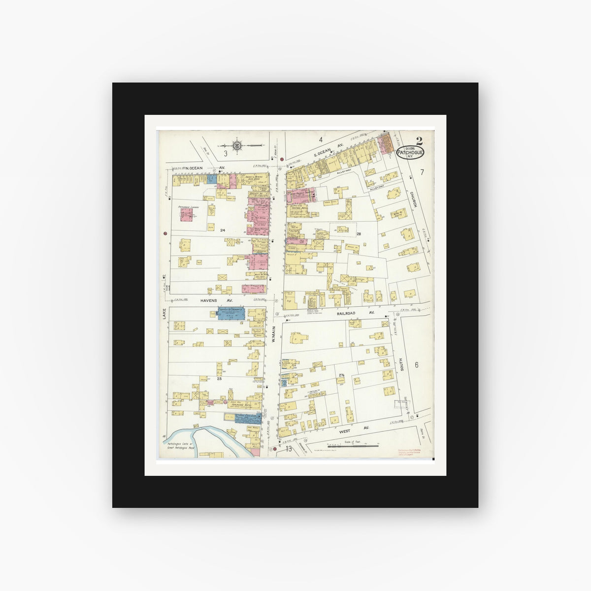 Old map wall art mockup — black gallery frame with white mat — Sanborn Fire Insurance Map from Patchogue, Suffolk County, New York (1916) - Complete Map Set
