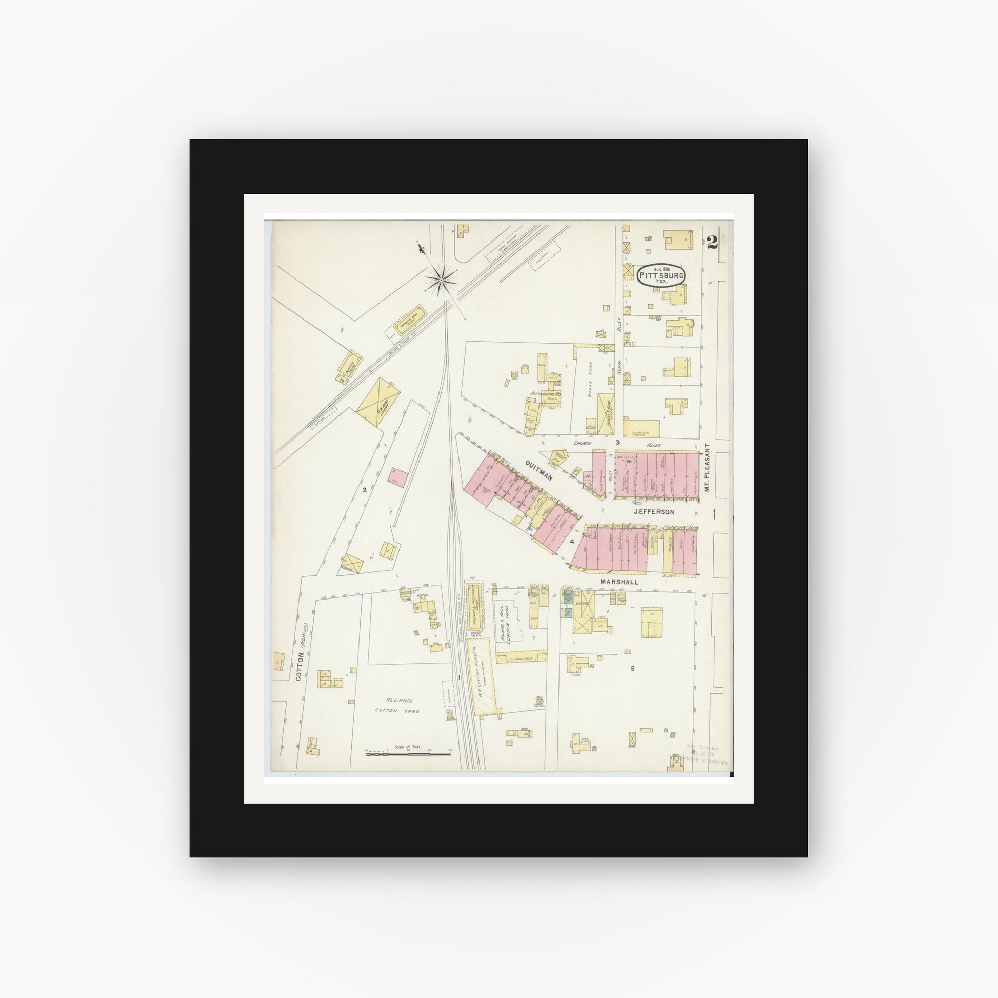 Old map wall art mockup — black gallery frame with white mat — Sanborn Fire Insurance Map from Pittsburg, Camp County, Texas (1896), Sheet #0002