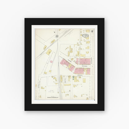 Old map wall art mockup — black gallery frame with white mat — Sanborn Fire Insurance Map from Pittsburg, Camp County, Texas (1896), Sheet #0002