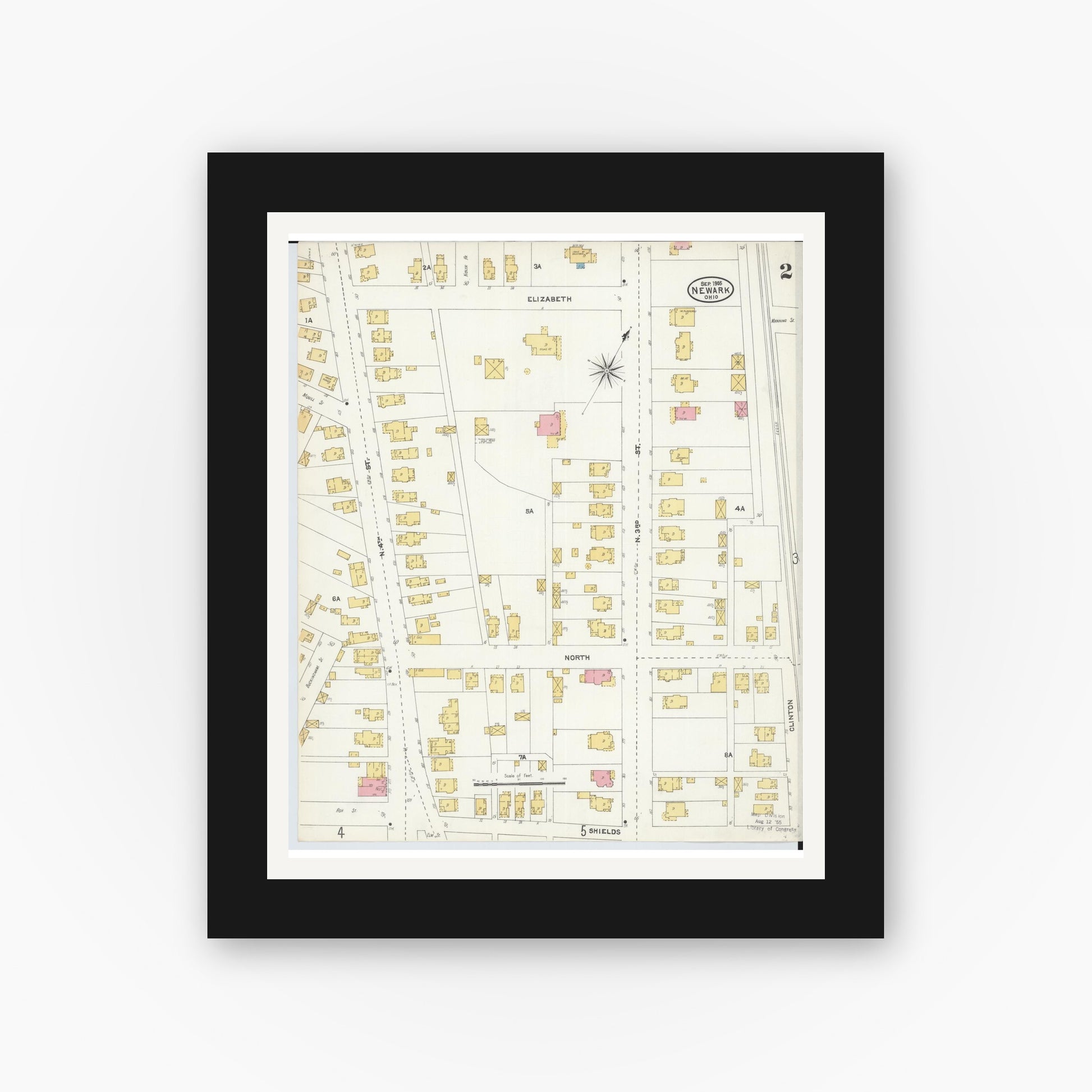 Old map wall art mockup — black gallery frame with white mat — Sanborn Fire Insurance Map from Newark, Licking County, Ohio (1905), Sheet #0002