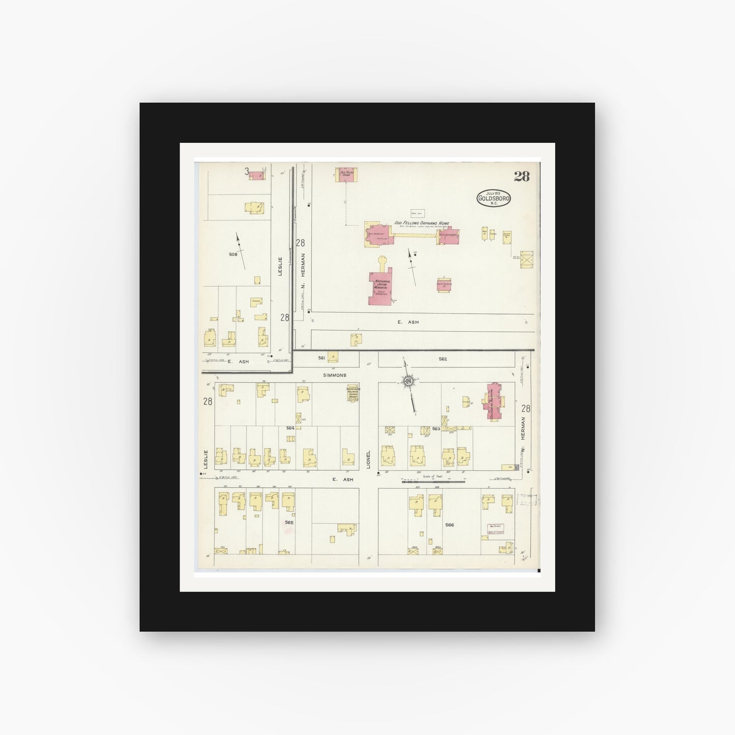Old map wall art mockup — black gallery frame with white mat — Sanborn Fire Insurance Map from Goldsboro, Wayne County, North Carolina (1913), Sheet #0028