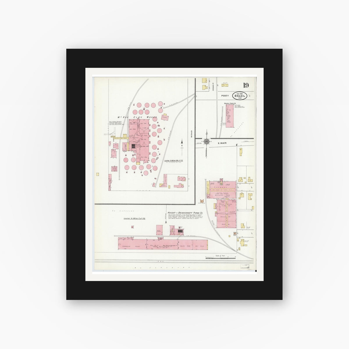 Old map wall art mockup — black gallery frame with white mat — Sanborn Fire Insurance Map from Brazil, Clay County, Indiana (1910), Sheet #0019