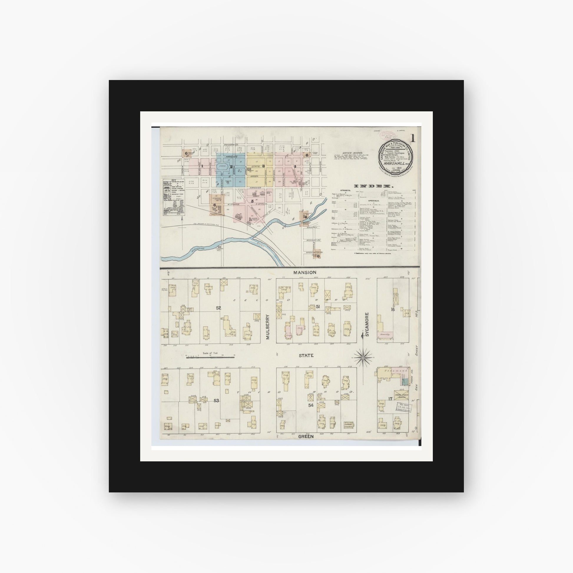 Old map wall art mockup — black gallery frame with white mat — Sanborn Fire Insurance Map from Marshall, Calhoun County, Michigan (1888) - Complete Map Set