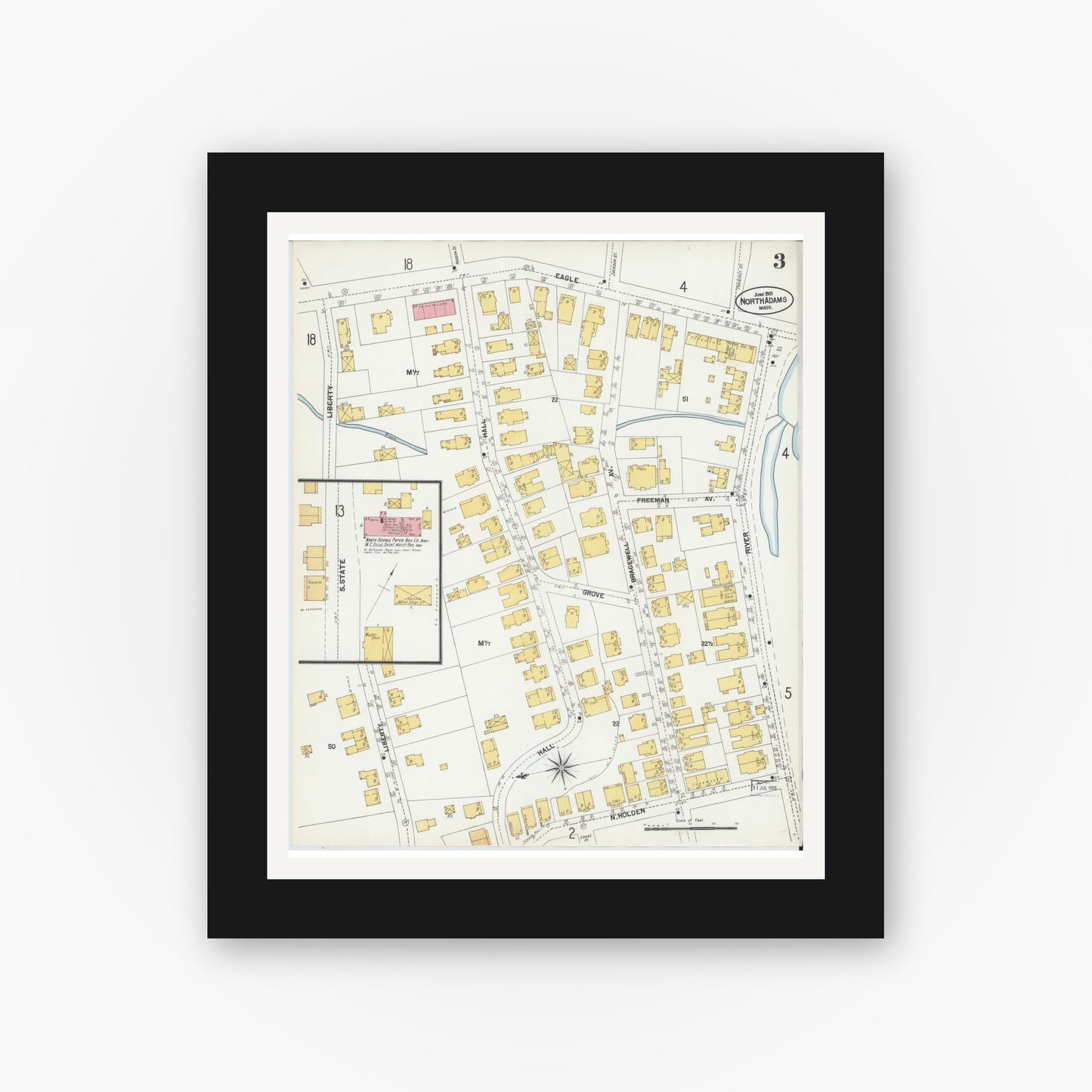 Old map wall art mockup — black gallery frame with white mat — Sanborn Fire Insurance Map from North Adams, Berkshire County, Massachusetts (1901), Sheet #0003