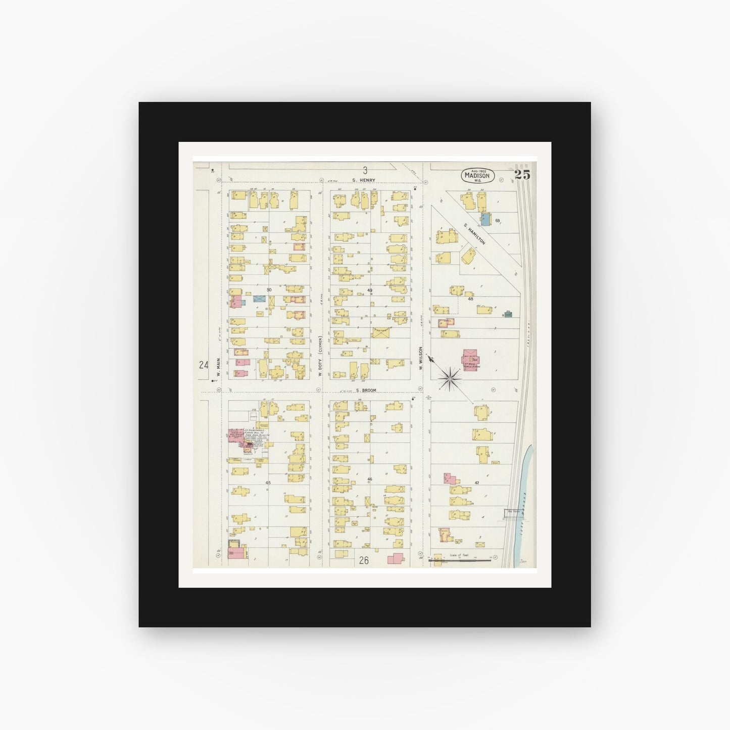 Old map wall art mockup — black gallery frame with white mat — Sanborn Fire Insurance Map from Madison, Dane County, Wisconsin (1902), Sheet #0025