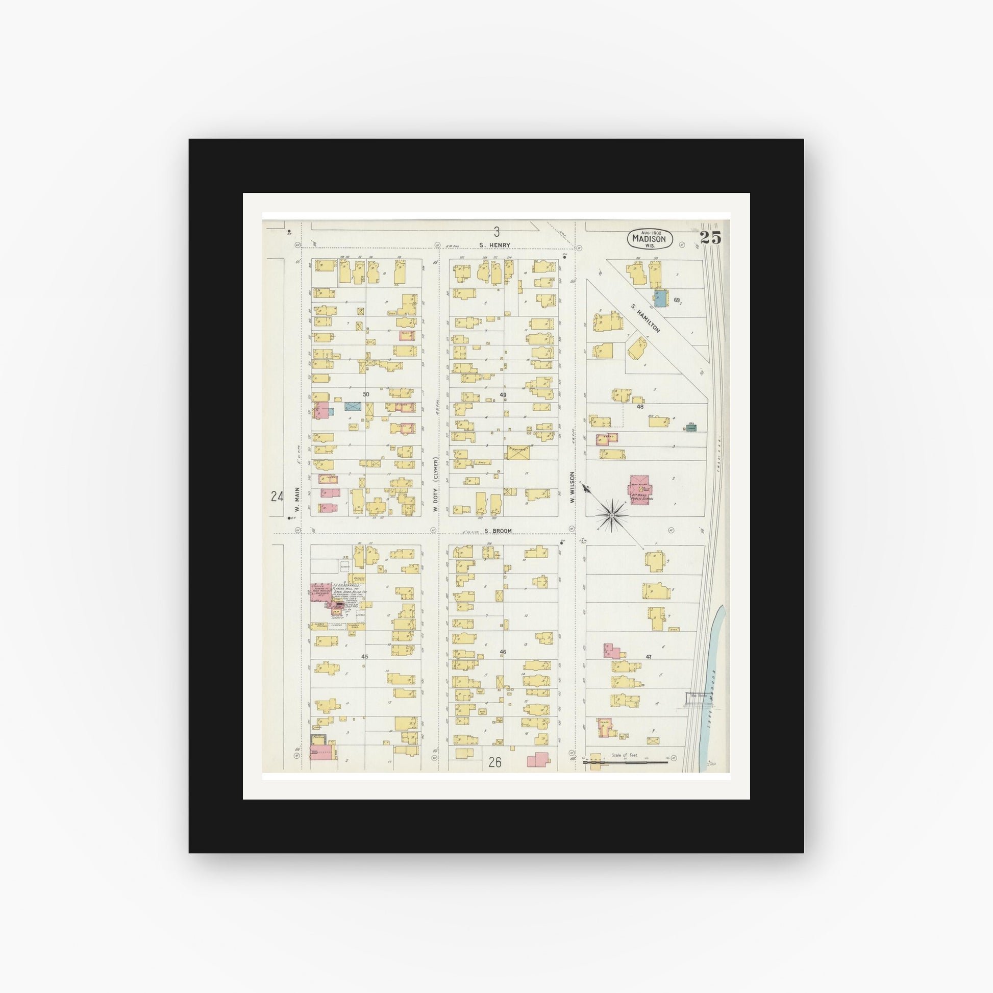Old map wall art mockup — black gallery frame with white mat — Sanborn Fire Insurance Map from Madison, Dane County, Wisconsin (1902), Sheet #0025