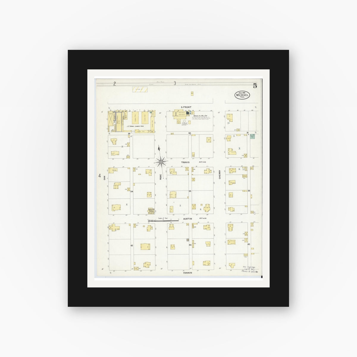Old map wall art mockup — black gallery frame with white mat — Sanborn Fire Insurance Map from Merkel, Taylor County, Texas (1908), Sheet #0005
