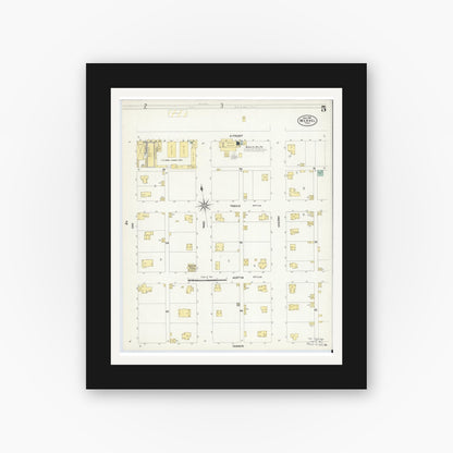 Old map wall art mockup — black gallery frame with white mat — Sanborn Fire Insurance Map from Merkel, Taylor County, Texas (1908), Sheet #0005