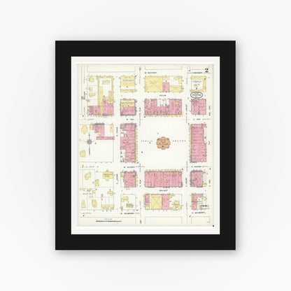 Old map wall art mockup — black gallery frame with white mat — Sanborn Fire Insurance Map from Denton, Denton County, Texas (1912), Sheet #0002