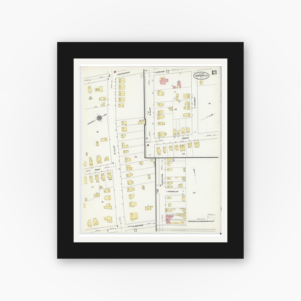 Old map wall art mockup — black gallery frame with white mat — Sanborn Fire Insurance Map from Somerville, Somerset County, New Jersey (1910), Sheet #0013