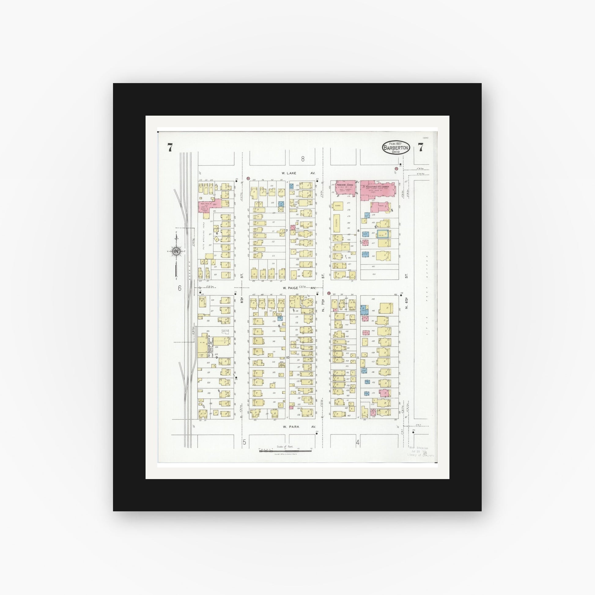 Old map wall art mockup — black gallery frame with white mat — Sanborn Fire Insurance Map from Barberton, Summit County, Ohio (1927), Sheet #0007
