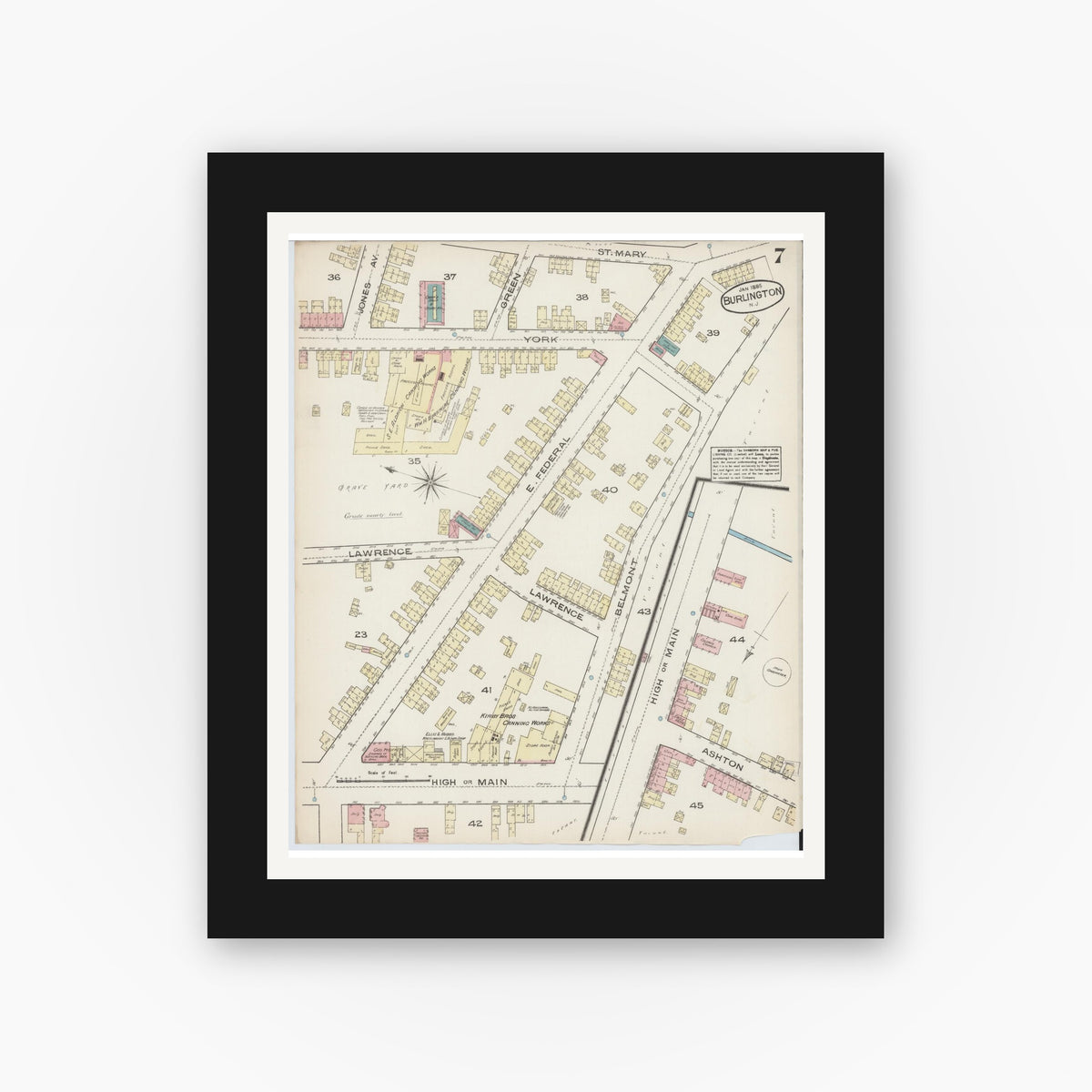 Old map wall art mockup — black gallery frame with white mat — Sanborn Fire Insurance Map from Burlington, Burlington County, New Jersey (1885), Sheet #0007