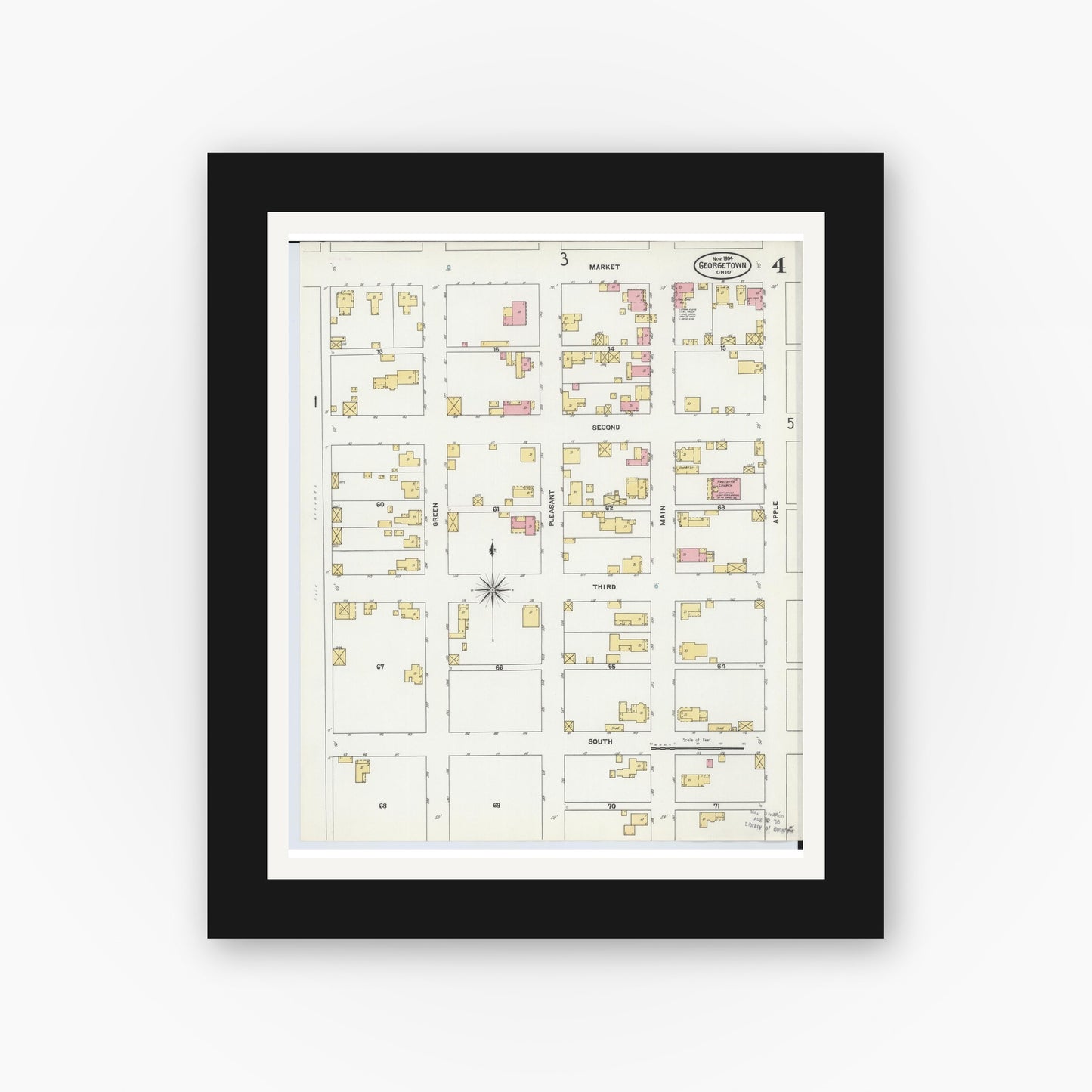 Old map wall art mockup — black gallery frame with white mat — Sanborn Fire Insurance Map from Georgetown, Brown County, Ohio (1904), Sheet #0004