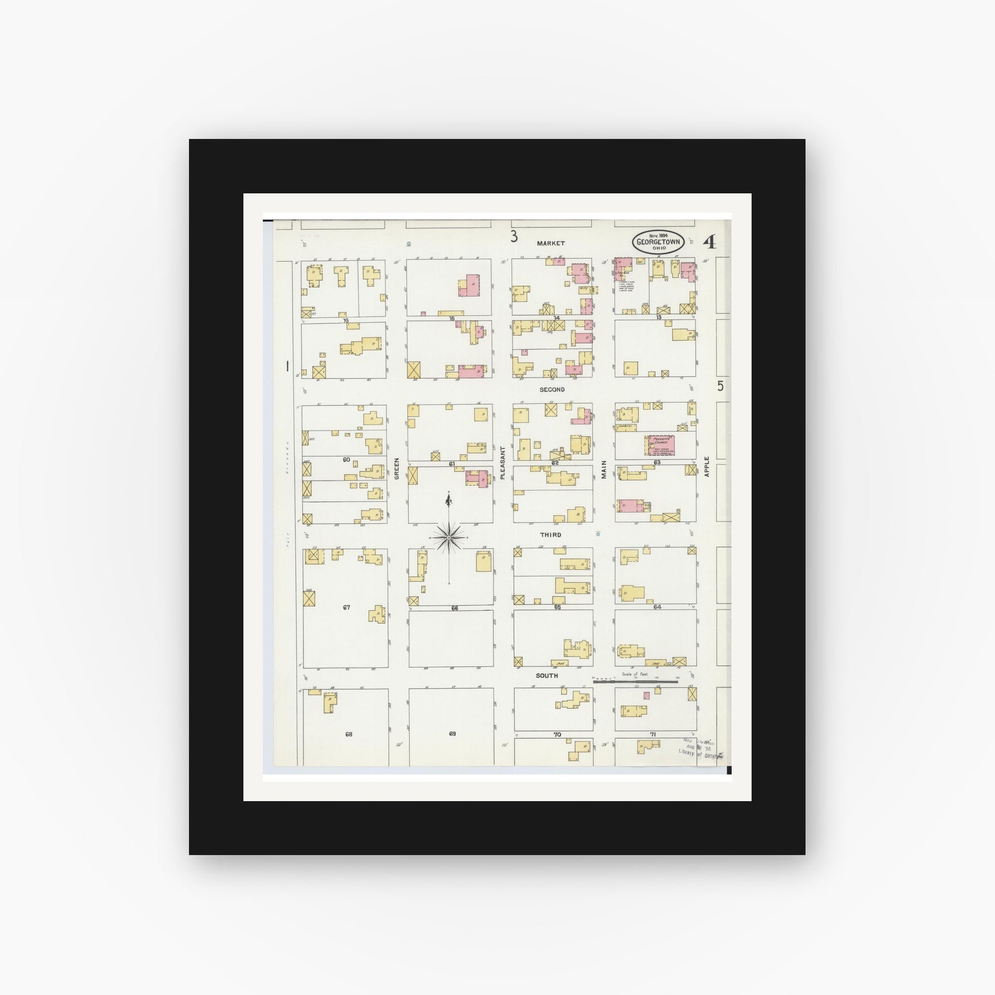 Old map wall art mockup — black gallery frame with white mat — Sanborn Fire Insurance Map from Georgetown, Brown County, Ohio (1904), Sheet #0004