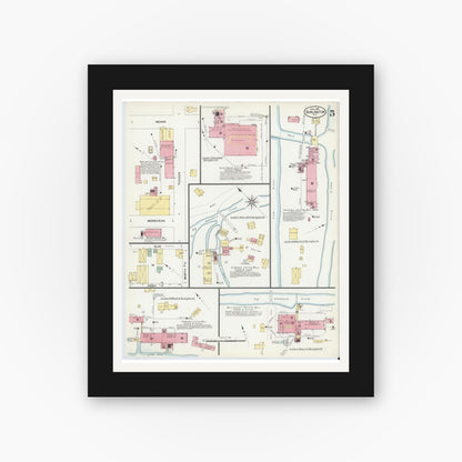 Old map wall art mockup — black gallery frame with white mat — Sanborn Fire Insurance Map from Burlington, Alamance County, North Carolina (1908), Sheet #0005