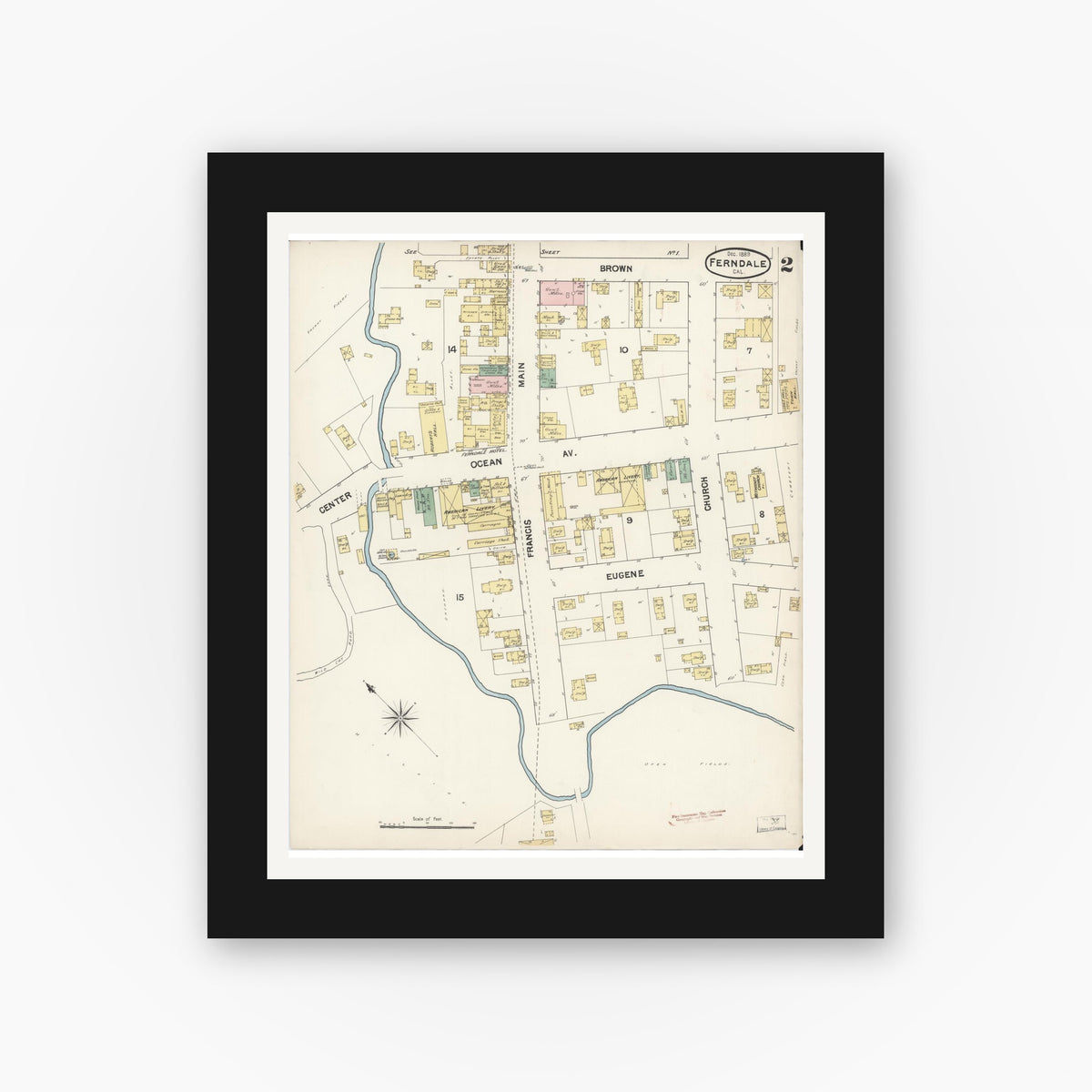Old map wall art mockup — black gallery frame with white mat — Sanborn Fire Insurance Map from Ferndale, Humboldt County, California (1889), Sheet #0002
