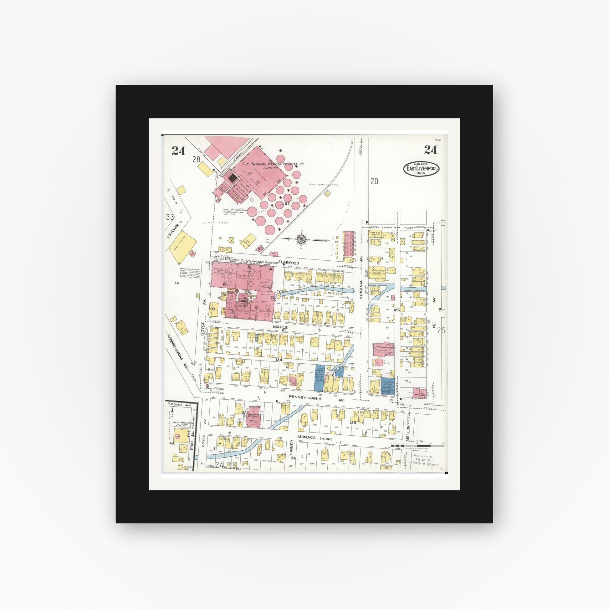 Old map wall art mockup — black gallery frame with white mat — Sanborn Fire Insurance Map from East Liverpool, Columbiana County, Ohio (1923), Sheet #0024
