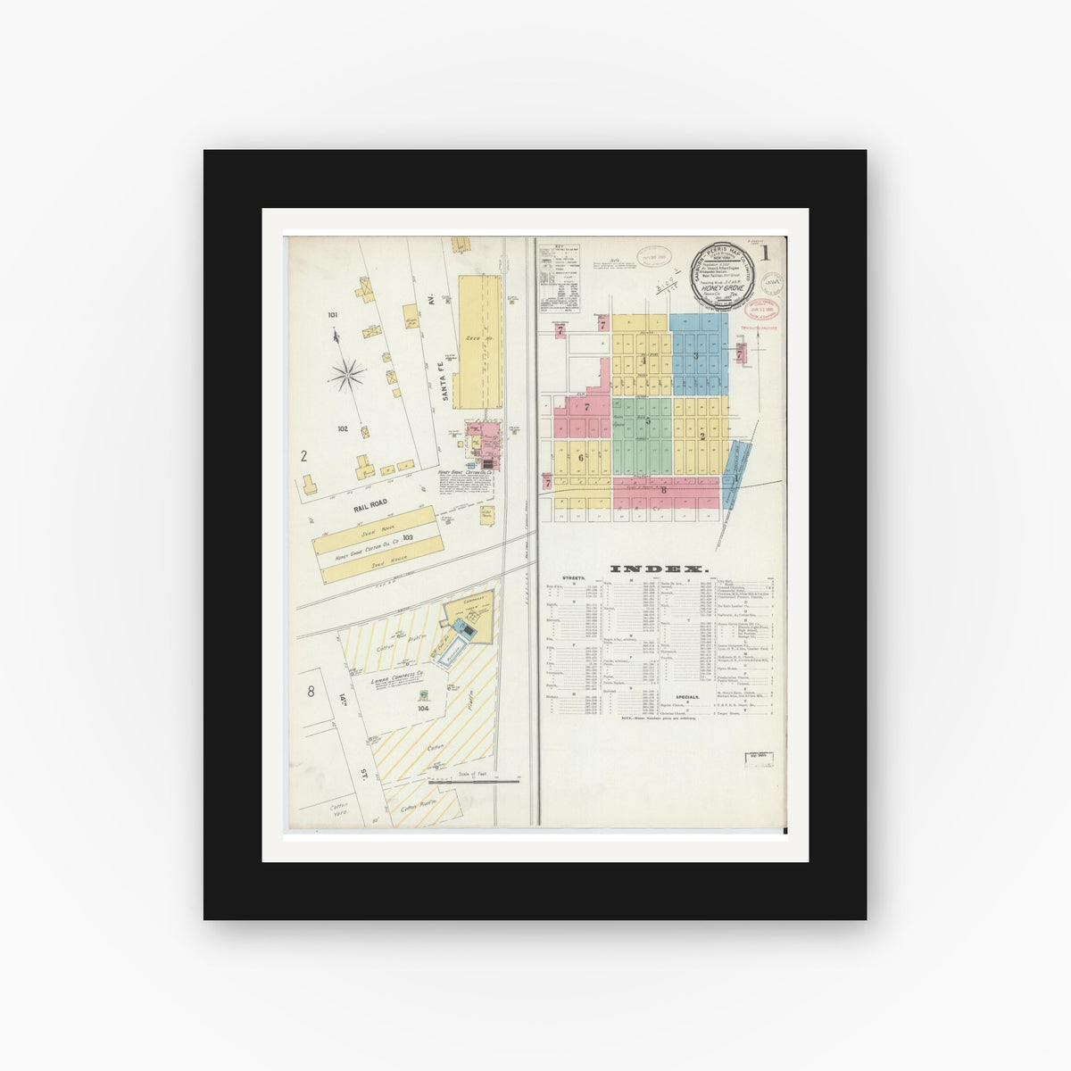 Old map wall art mockup — black gallery frame with white mat — Sanborn Fire Insurance Map from Honey Grove, Fannin County, Texas (1897), Sheet #0001
