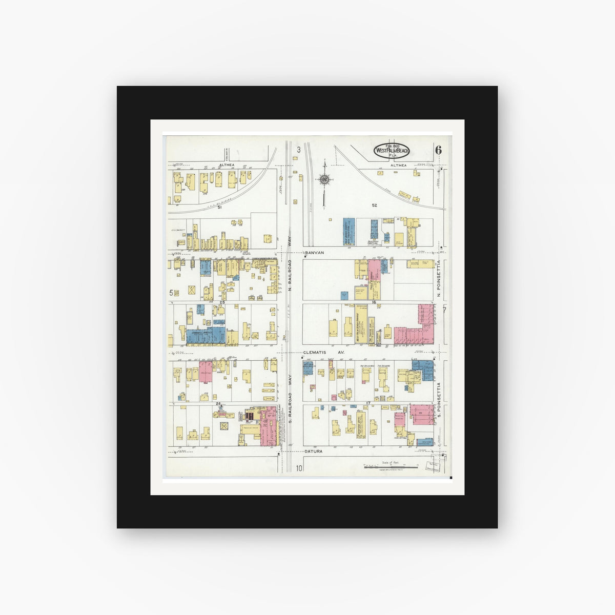 Old map wall art mockup — black gallery frame with white mat — Sanborn Fire Insurance Map from West Palm Beach, Dade County, Florida (1920), Sheet #0006