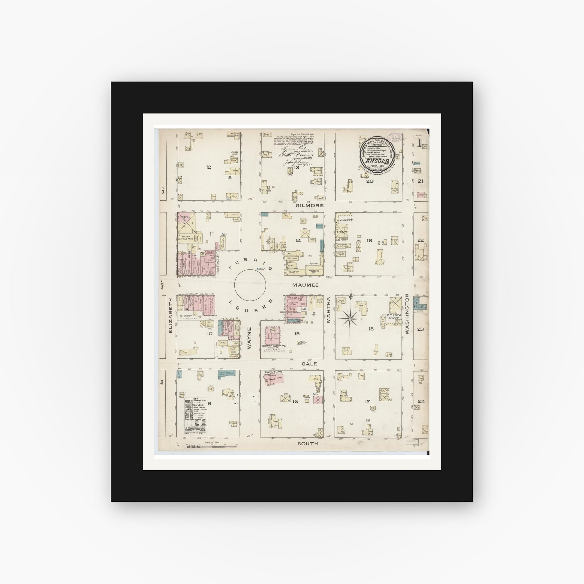 Old map wall art mockup — black gallery frame with white mat — Sanborn Fire Insurance Map from Angola, Steuben County, Indiana (1886) - Complete Map Set
