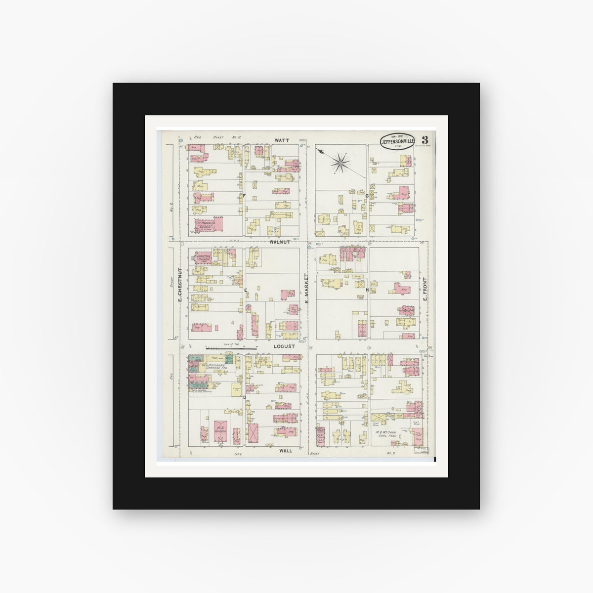 Old map wall art mockup — black gallery frame with white mat — Sanborn Fire Insurance Map from Jeffersonville, Clark County, Indiana (1891), Sheet #0003