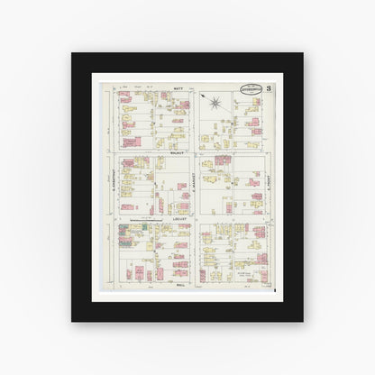 Old map wall art mockup — black gallery frame with white mat — Sanborn Fire Insurance Map from Jeffersonville, Clark County, Indiana (1891), Sheet #0003