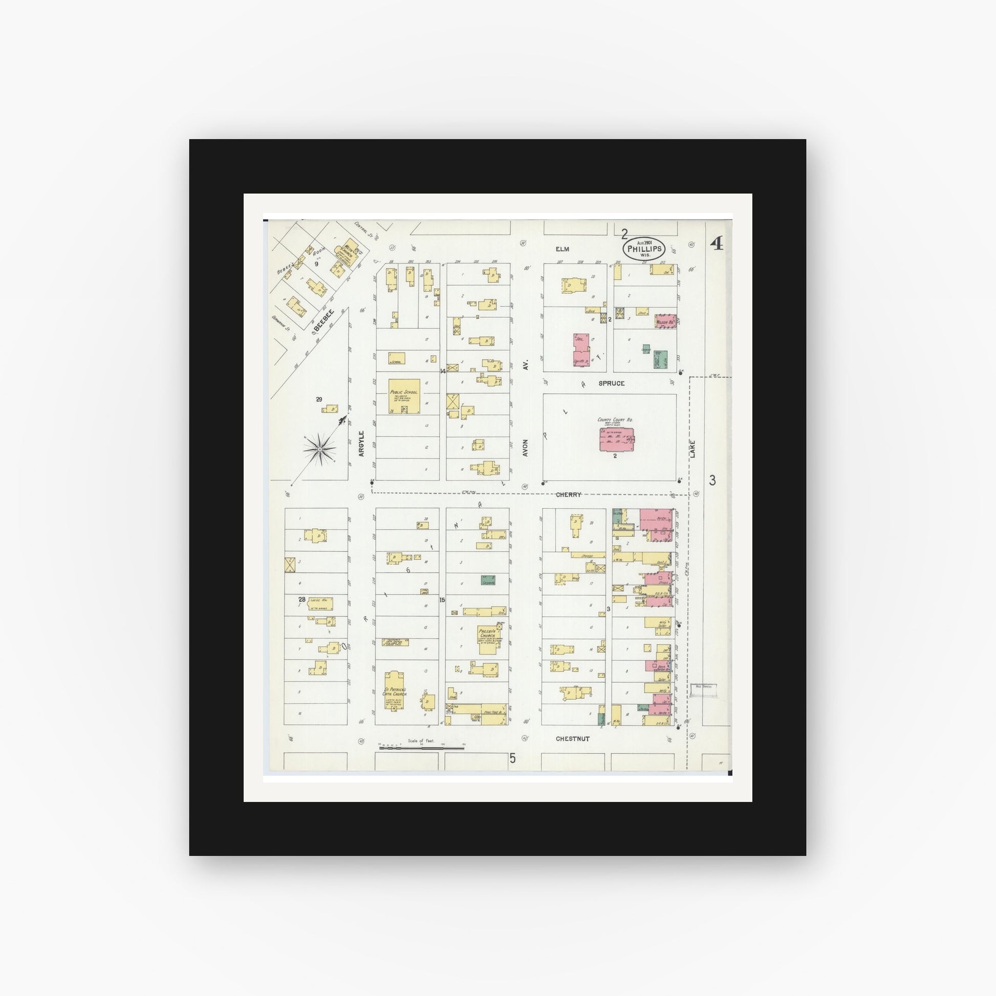 Old map wall art mockup — black gallery frame with white mat — Sanborn Fire Insurance Map from Phillips, Price County, Wisconsin (1901), Sheet #0004