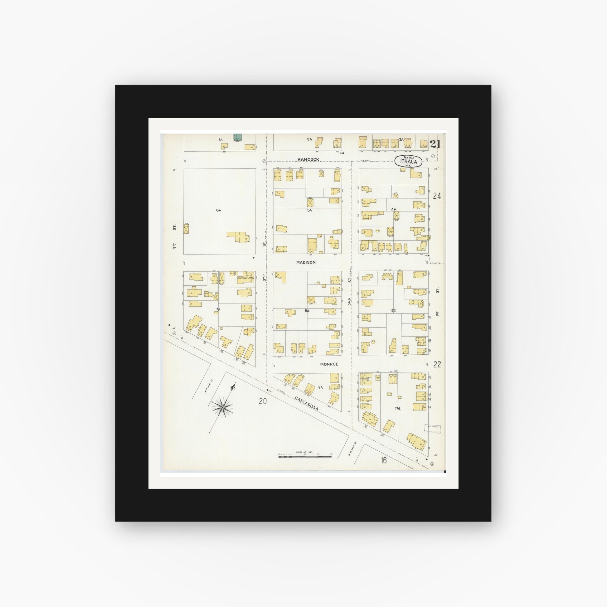 Old map wall art mockup — black gallery frame with white mat — Sanborn Fire Insurance Map from Ithaca, Tompkins County, New York (1904), Sheet #0021