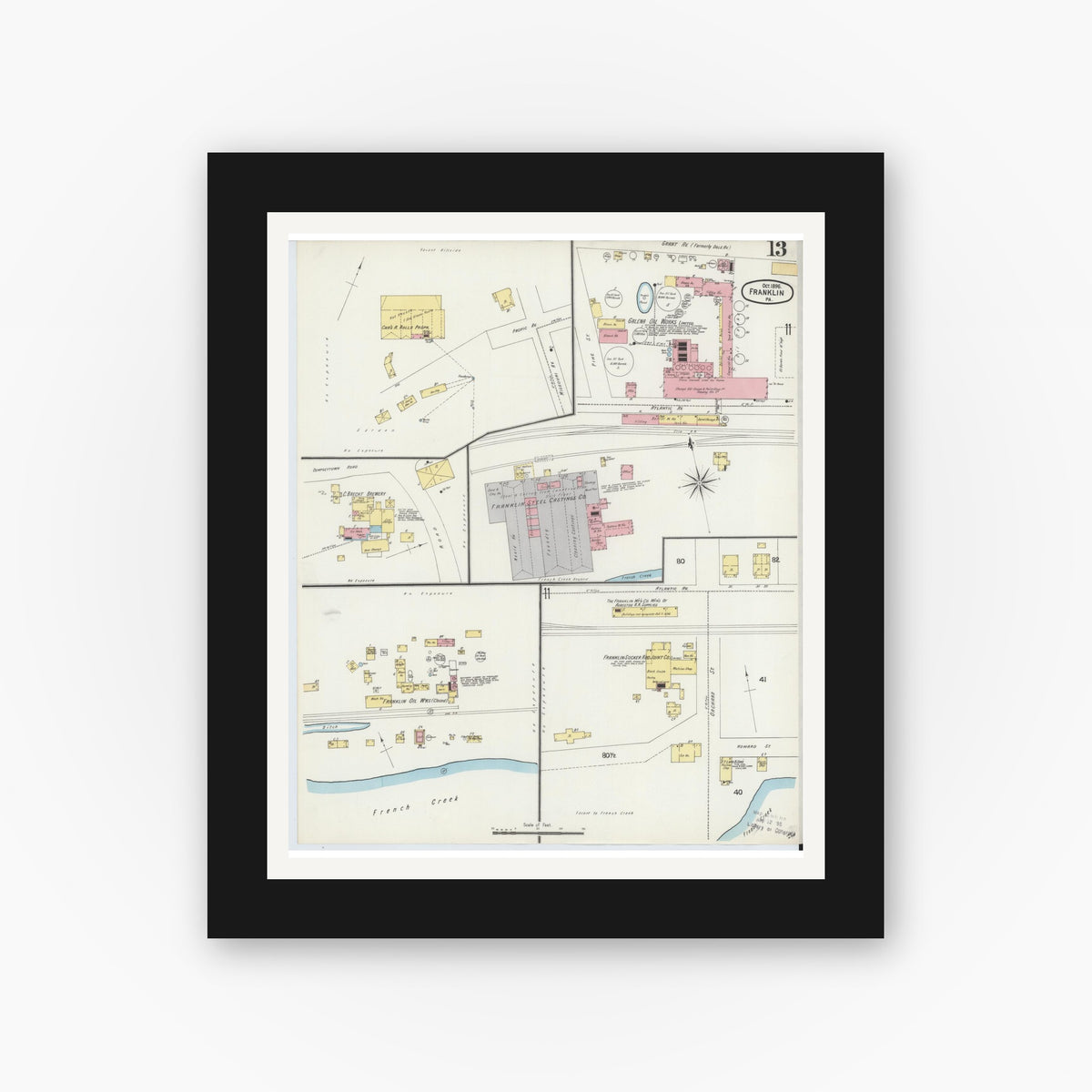 Old map wall art mockup — black gallery frame with white mat — Sanborn Fire Insurance Map from Franklin, Venango County, Pennsylvania (1896), Sheet #0013