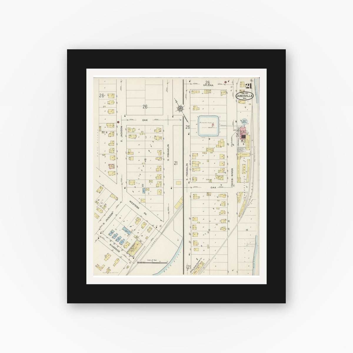 Old map wall art mockup — black gallery frame with white mat — Sanborn Fire Insurance Map from Janesville, Rock County, Wisconsin (1915), Sheet #0021