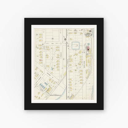 Old map wall art mockup — black gallery frame with white mat — Sanborn Fire Insurance Map from Janesville, Rock County, Wisconsin (1915), Sheet #0021