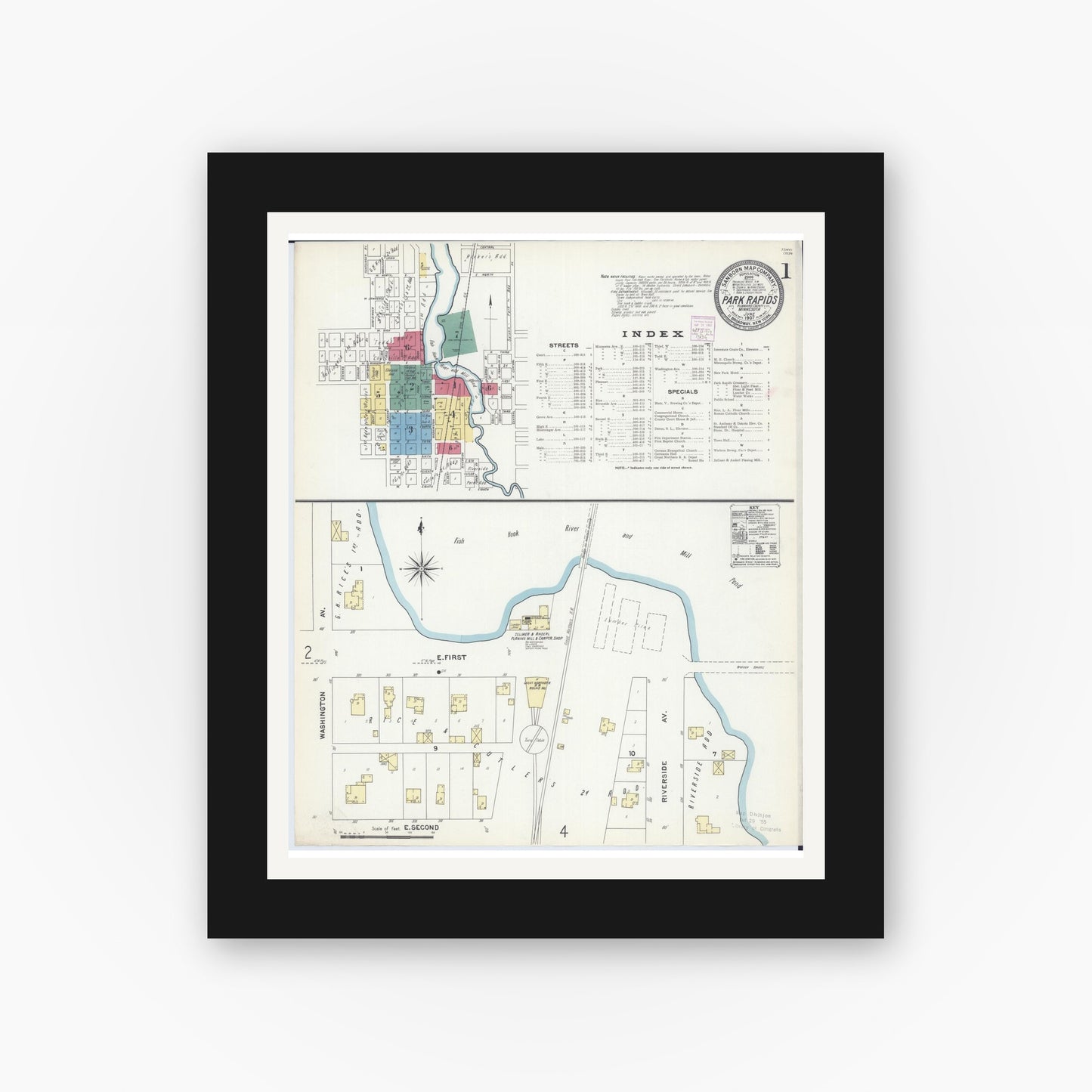 Old map wall art mockup — black gallery frame with white mat — Sanborn Fire Insurance Map from Park Rapids, Hubbard County, Minnesota (1907), Sheet #0001