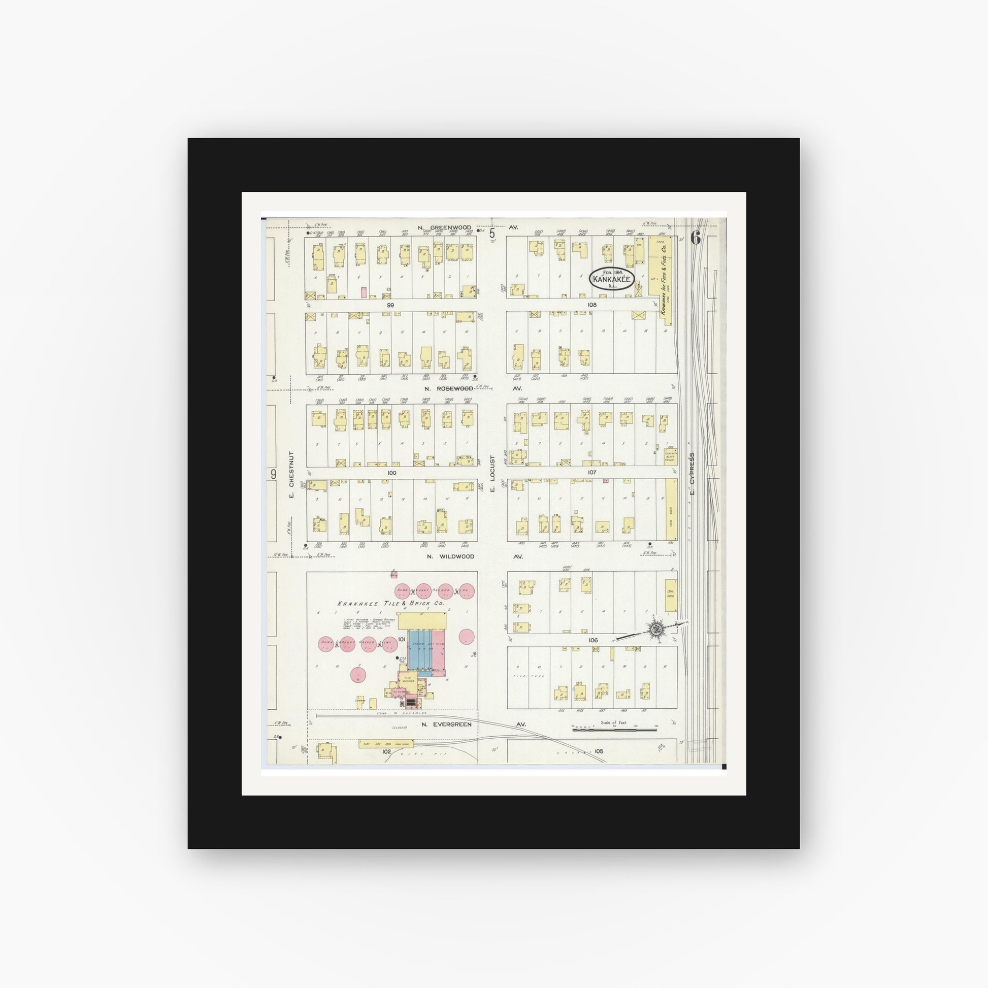Old map wall art mockup — black gallery frame with white mat — Sanborn Fire Insurance Map from Kankakee, Kankakee County, Illinois (1914), Sheet #0006