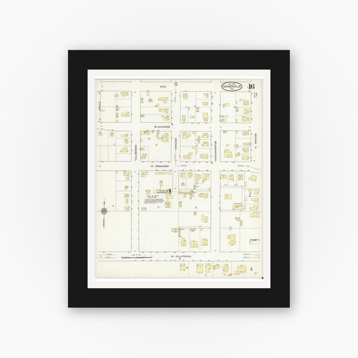 Old map wall art mockup — black gallery frame with white mat — Sanborn Fire Insurance Map from Gainesville, Cooke County, Texas (1913), Sheet #0016